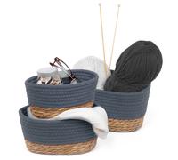 LIVIVO Tulla Seagrass Shelf Storage Baskets - 3-Piece Stackable Set, Decorative Rope Design, Versatile Home Organiser Bin For Living Room, Bedroom, Office, Bathroom, Underbed (SLATE)