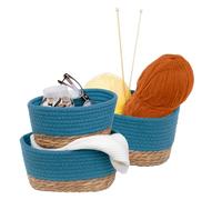 LIVIVO Tulla Seagrass Shelf Storage Baskets - 3-Piece Stackable Set, Decorative Rope Design, Versatile Home Organiser Bin For Living Room, Bedroom, Office, Bathroom, Underbed (OCEAN)