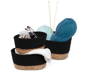 LIVIVO Tulla Seagrass Shelf Storage Baskets - 3-Piece Stackable Set, Decorative Rope Design, Versatile Home Organiser Bin For Living Room, Bedroom, Office, Bathroom, Underbed (CHARCOAL)