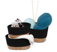 LIVIVO Tulla Seagrass Shelf Storage Baskets - 3-Piece Stackable Set, Decorative Rope Design, Versatile Home Organiser Bin For Living Room, Bedroom, Office, Bathroom, Underbed (CHARCOAL)