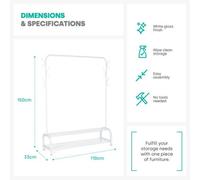 LIVIVO Freestanding Clothes Rail Garment Rack - Heavy Duty Metal Clothing Hanger with 2 Tier Shoe Shelf & Side Hooks - Portable Matte Finish Drying Rack for Bedroom, Laundry & Retail (White)