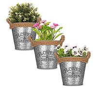 LIVIVO Zinc Plant Pot with Anti-Slug Cotton Rope Handles and 'Flowers & Garden' Design for Outdoor or Indoor Use, Flower Pot, Herb Garden or Avocado Vase (Set of 3, Round)