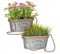 LIVIVO Zinc Plant Pots Set of 2 - Oval Metal Flower Planters with Rope Handles and 'Flowers & Garden' Design - Rustic Indoor Outdoor Herb Pots, Patio Plant Holders or Avocado Vases