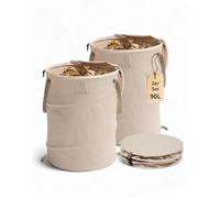 LIVLIG Pop-Up Garden Sack 90 L, Foldable Garden Waste Bag with Lid and Double Base, Sturdy Leaf Bag with Lid, Leaf Bag and Garden Waste Bag, Beige, Pack of 2