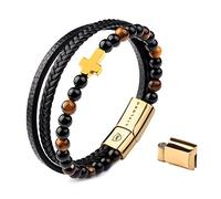 LIVLOKO LONDON Gift Boxed Mens Bracelet Leather Black Multi-Layer Tiger Eye Stone Beads Magnetic Steel Clasp Viking Rope Bands Surfer Man Wristband Male UK Jewellery Gift box Husband Boyfriend Dad Son