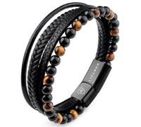 LIVLOKO LONDON Gift Boxed Mens Bracelet Leather Black Multi-Layer Tiger Eye Stone Beads Magnetic Steel Clasp Viking Rope Bands Surfer Man Wristband Male UK Jewellery Gift box Husband Boyfriend Dad Son