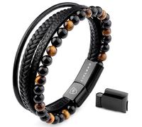 LIVLOKO LONDON Mens Bracelet Leather Black Multi-Layer Tiger Eye Stone Beads Magnetic Adjutable Steel Clasp Viking Rope Bands Surfer Man Wristband Male UK Jewellery Gift box Husband Boyfriend Dad Son