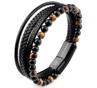 LIVLOKO LONDON Mens Bracelet Leather Black Multi-Layer Tiger Eye Stone Beads Magnetic Adjutable Steel Clasp Viking Rope Bands Surfer Man Wristband Male UK Jewellery Gift box Husband Boyfriend Dad