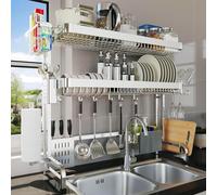 LIVOD Over The Sink Dish Drying Rack,3 Tier Adjustable Length Full Stainless Steel Large Storage Kitchen Dish Rack,for Kitchen Counter Expandable Multifunctional Organizers,Silver (25.5'' to 37.6'')