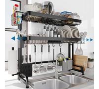 LIVOD Over The Sink Dish Drying Rack,3 Tier Adjustable Length Full Stainless Steel Large Storage Kitchen Dish Rack,for Kitchen Counter Expandable Multifunctional Organizers,Silver(25.5'' to 37.4'')