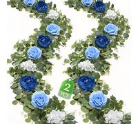 Livole 2Pcs 12 Ft Artificial Flower Garland Fake Blue Rose Peony Floral Garland with Eucalyptus, Hanging Vine for Wedding Arch Table Centerpieces Backdrop Party Home Decorations