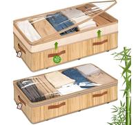 Livole Bamboo Under Bed Storage with Wheels, 92L Underbed Storage Containers with Clear Lid & Label, 9.8" Height Adjustable Rolling Under Bed Storage Bins for Clothes, Blankets, Sweater, Shoes, 2 Pack