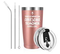 Livole End of Year Gifts Teachers，Teachers Gifts Women，Teacher Leaving Gifts，Thank You Teacher，Awesome Teacher，12OZ Double Walled Coffee Cup w/ Straw and Lid，600ml Insulated Coffee Mug，20oz-rose Gold