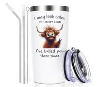 Livole Highland Cow Gifts for Men, Women, Him, Her, Funny Mugs for Men, Women, Unusual Christmas Presents, I May Look Calm, But in My Head I’ve K*lled You Three Times, 20oz 600ml Wine Tumbler Glasses