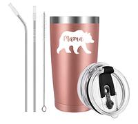 Livole Mothers Day, Christmas Gifts for Mum, Mom, Novelty Mummy Gifts Ideas, Mama Bear, Mum Birthday Presents from Daughter, Son, 600ml Double Walled Coffee Mug, 20oz Thermal Cup with Straw and Lid