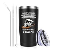 Livole Train Gifts for Men, Him, Dad, Christmas Gifts for Train Enthusiasts, Novelty Mens Present for Birthday, In My Head I'm Thinking about Trains, 20oz 600ml Double Walled Travel Coffee Tumbler Mug