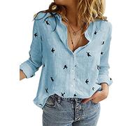 Livonmone Women's Blouse Casual Long Sleeve Shirts V Neck Button Down Basic Loose Tunic Tops (Blue, S)