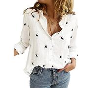 Livonmone Women's Blouse Casual Long Sleeve Shirts V Neck Button Down Basic Loose Tunic Tops (White, M)
