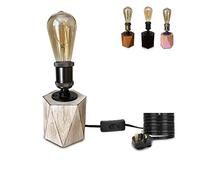 Livuna Industrial Vintage Solid Wood Table lamp, Steampunk Iron Pipe and Geometric Modern Brass Edison Dark Rustic Retro Style for Bedroom Home Bedside Desk Office, (E27 LED Bulb Included) (White)