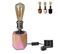 Livuna Vintage Solid Wood Pink Table lamp, Steampunk Iron Pipe and Geometric Modern Silver Edison Rustic Retro Style for Girls Womens Bedroom Home Bedside Desk Office, (E27 LED Bulb Included) (Pink)