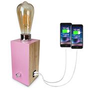 Livuna Vintage Solid Wood Pink table lamp with Dual Port USB and dimmable, Modern and Retro Silver Natural Rustic style for Girls Women bedroom home bedside desk office, (E27 LED Bulb Included) (Pink)