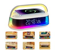Liwankaqi Bluetooth Speaker with Wireless Charger,Digital Alarm Clock with Bluetooth Speaker,FM Radio,Adjustable LED Night Light,15W Fast Wireless,USB Charging Port, for Bedroom, Desk