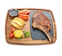 LiWiBet Acacia Wood Serving Plate with Sauce Cup & Removable Slate Insert for Meat Sausages Cheese, Steak Serving Tray Cutting Board Serving Platter Cheese Platter Perfect for Housewarming Christmas