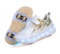 LIWLLIUA Unisex Kids LED Roller Skate Shoes, Retractable Double Wheels Sneakers, USB Rechargeable Light-Up Roller Shoes for Boys and Girls, Outdoor Sports Trainers,#101Khaki,2 UK