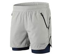 Lixada 2 in 1 Shorts Men Quick Drying Breathable Active Training Exercise Jogging Marathon Cycling Work-Out Shorts with Zipper Side Pockets Longer Liner & Reflective Elements (Grey, L)