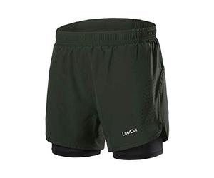 Lixada Mens 2-in-1 Running Shorts Quick Drying Breathable Active Training Exercise Jogging Cycling Shorts with Longer Liner (Army Green, XL)
