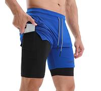 Lixada Men's 2 in 1 Running Shorts with Pockets Gym Workout with Towel Loop Exercise Shorts Quick Dry Running Cycling Climbing Fitness Blue