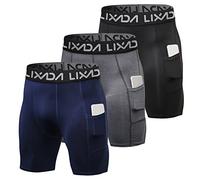 Lixada Men's 3 Pack Performance Shorts Active Workout Underwear Base Layer Tights Short Leggings (Black&Grey&Dark Blue(With Pockets), XXL)