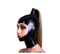 LIXIAAOOKWEDG Handmande Open Face Mask 100% Latex Hoods With Blond Wig Tress Ponytail Club Wear Halloween Costumes,black,M