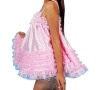 LIXIAAOOKWEDG Womens Pink Thin Satin Suspender Multi Layer Edging Sissy Dress Maid Nightdress Adult Custom