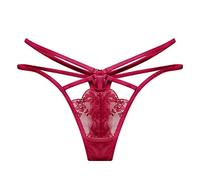 LIXIAO Women's Sexy Lace V-Thong Embroidery Floral Briefs Low Waist Lingerie Transparent Knickers Open-Front Panties Temptation Underwear Wine Red