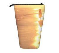 Lixlzh Beach Sunset Tranquil Print Telescopic Standing Pencil Bag Polyester Pen Holder Stationery Office Organizer Box, Black, One Size, Art Deco