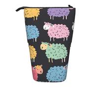 Lixlzh Cute colorful sheep cartoon pattern Print Telescopic Standing Pencil Bag Polyester Pen Holder Stationery Office Organizer Box, Black, One Size, Art Deco
