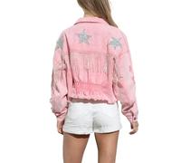 LIXQQS Fringe Denim Jacket for Women Star Accents and Rhinestone Detailing Cropped Jean Coat with a Vintage Flair Casual Comfort Wear Cowgirl Tassel Jean Coat (Color : Pink, Size : M)