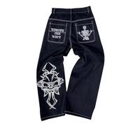 LIXQQS Men's Embroidered Jeans Baggy Hip Hop Jeans with Skull and Cross Embroidery Trendy Loose Fit Y2K Hip Hop Streetwear Comfortable Skateboard Jeans(Color:White,Size:XXL)
