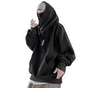 LIXQQS Men's Japanese Ninja Hoodie Harajuku Oversize Style Y2K Hip Hop Turtleneck Sweatshirt Warm Fleece Double Collar Logo Embroidery Streetwear Techwear (Color : Black-2, Size : L)