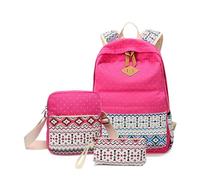LIXSAZSE 3 Pieces Canvas Backpack Shoulder Set Large Capacity Zipper Ethnic School Bags Causal Adjustable Teenagers Outdoor Bag, Rose Red
