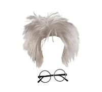 LIXSAZSE Old Man Wig Adults Men White Crazy Physicist Wig Halloween Punk Party Old Teacher Dressing Up Costume Accessory Fun Style Role Play Costume Accessory Physicist, and Glasses, 20cm hair