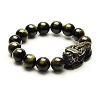 LIYAPEI 12mm Feng Shui Black Obsidian Wealth Bracelet for Men Women Attract Wealth Money Adjustable Elastic Natural Obsidian Stone Bead Bracelet (Gold Obsidian)