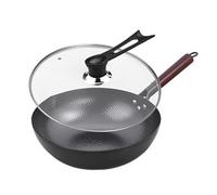 LIYGAOF Wok with Lid 32 cm Cast Iron Wok Pans: Wok for All Hob Types Forged Iron Pan No Chemical Coating Rustproof and Easy to Clean