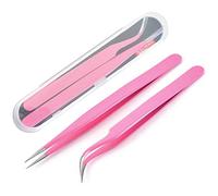 liyoe Lash Tweezers, Pack of 2 Stainless Steel Tweezers for Eyelash Extensions Straight and Curved Tip False Lash Tools Pink