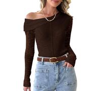 LIYOHON Mesh Sheer Off The Shoulder Long Sleeve Tops for Women Sexy Tight Y2k Date Night Going Out See Through Blouse, Yh-brown, L