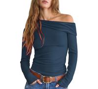 LIYOHON Women's Off The Shoulder Top Long Sleeve Shirts Sexy Slim Blouses Date Night Going Out One Shoulder Tops, Yh-navy Blue, M