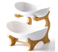 Liywall - 2 Tier Ceramic Fruit Bowl With Bamboo Wood Stand for Kitchen Counter,Porcelain Fruit Basket for Vegetable Storage,Snack Dessert Cake Tray Plate Rack for Party Wedding - White