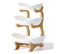 Liywall - Large 3 Tier Ceramic Fruit Bowl With Bamboo Wood Stand for Kitchen Counter,Porcelain Fruit Basket for Fruit Storage,Snack Dessert Cake Tray Plate Rack for Party Wedding - Big White