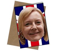 Liz Truss Smiling On Union Jack A5 Greeting Card | Envelope Included | Blank Inside | Unique Design | Personalised Free of Charge